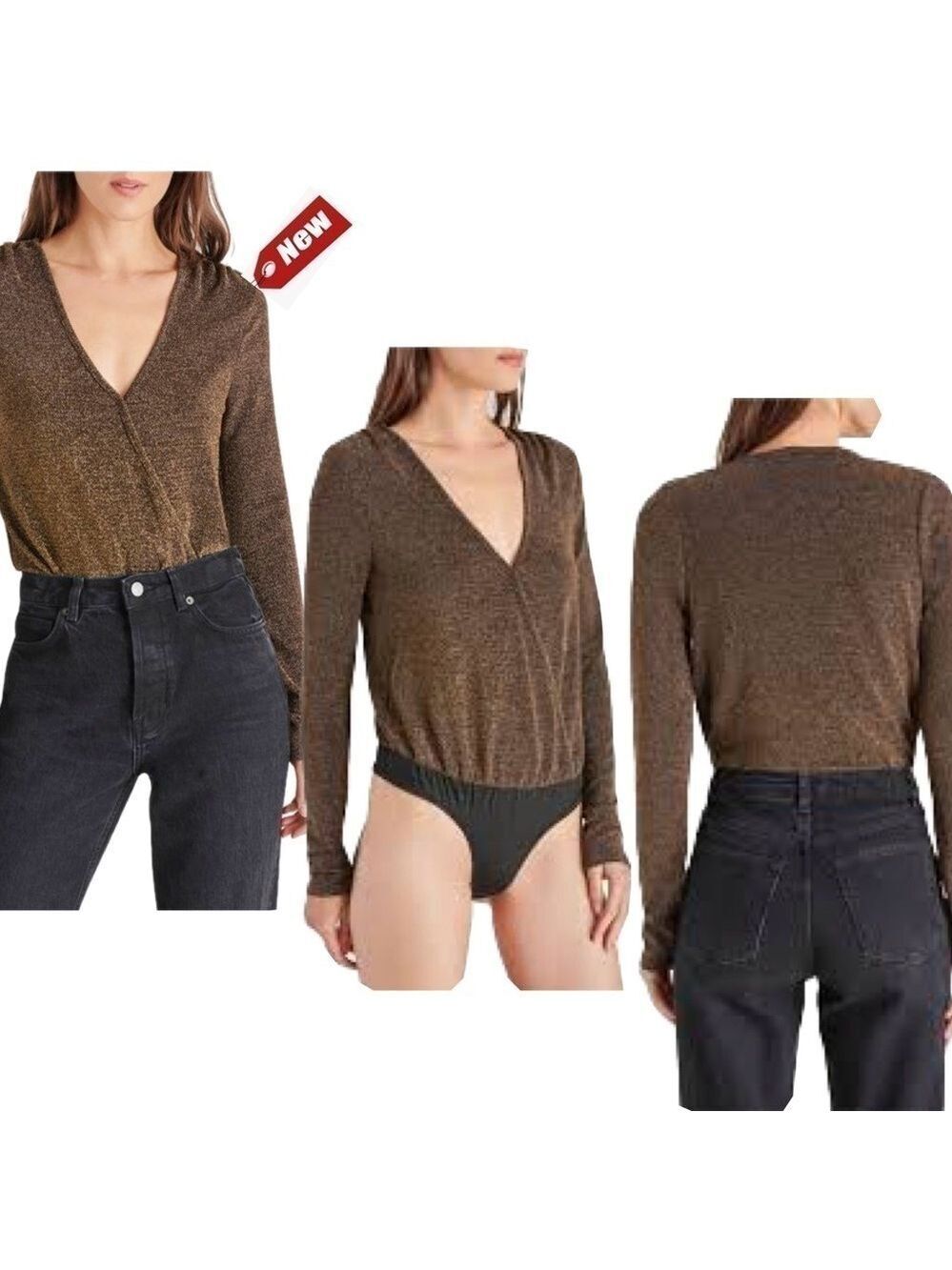 Steve Madden gold Long Sleeve Metallic glitter Knit Bodysuit Sz XL NWT